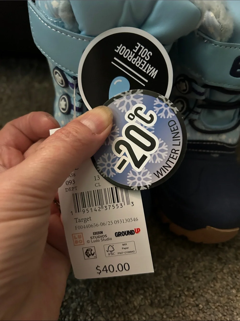 Blueey Kids Winter Boots with fleecy lining. Rated for -20C.